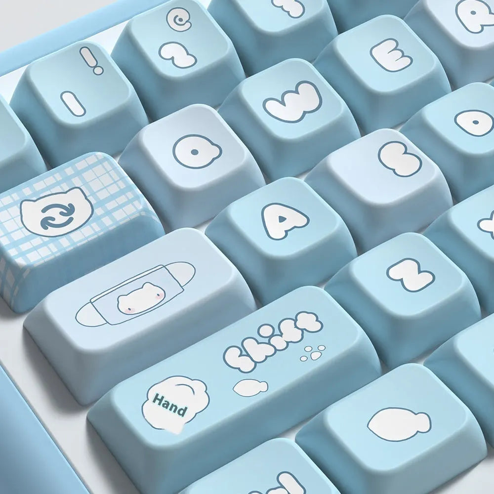 Custom watercolour kitten design PBT keycap set for mechanical keyboards, showing 138-key or 158-key full layout.