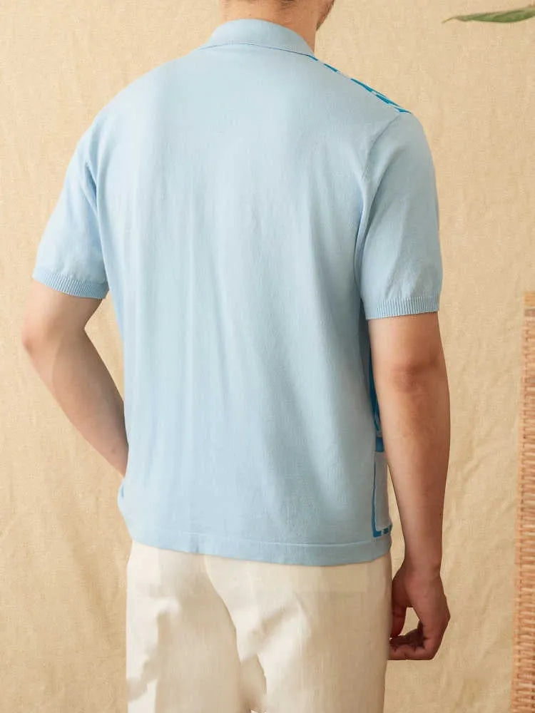 Light blue striped knitted cardigan polo shirt with lapel collar on a hanger.