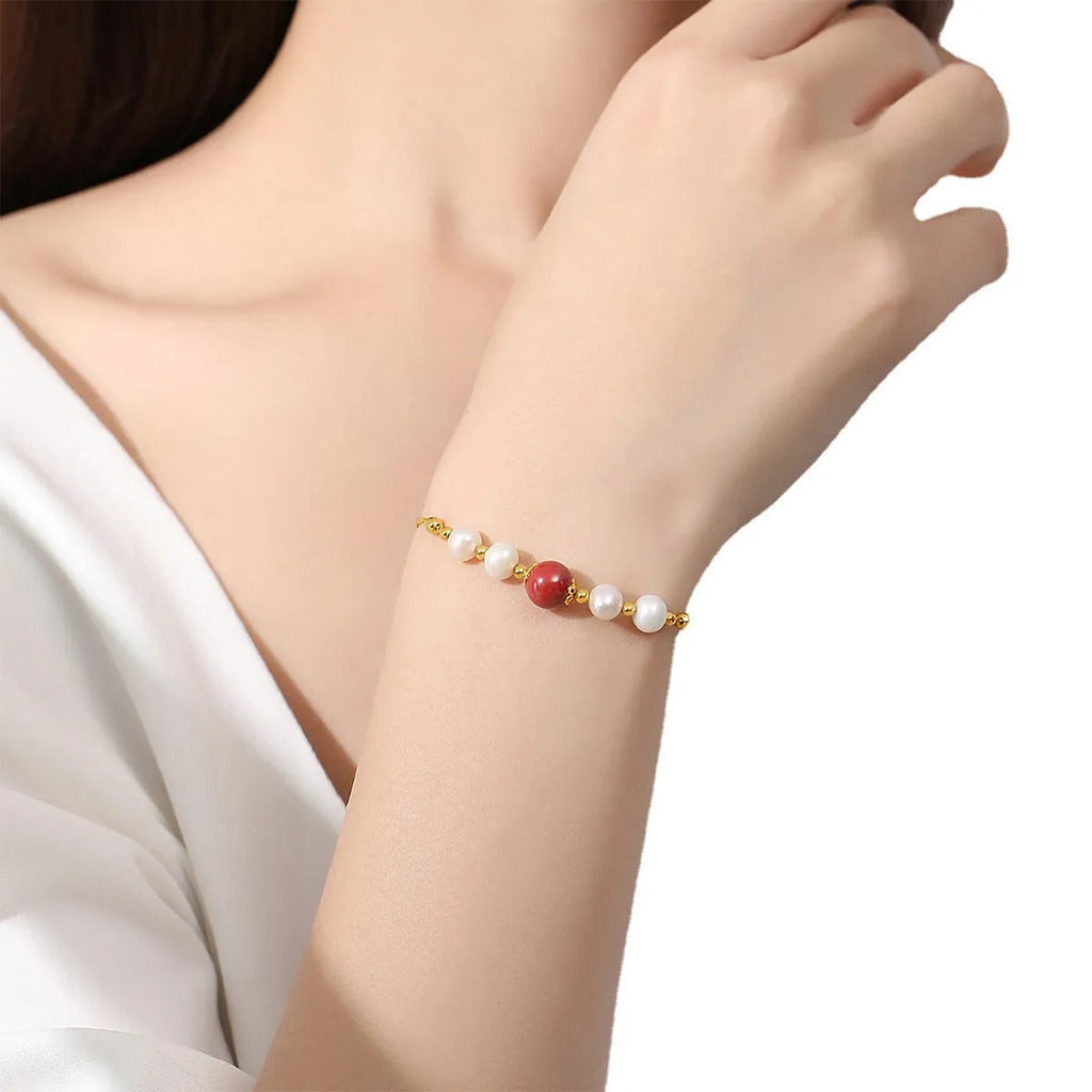 Retro women's silver bracelet with yellow red bean pearl and cinnabar beads on adjustable chain