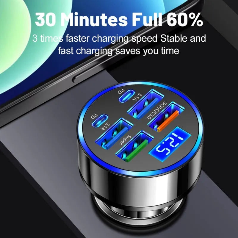 Black six-port 27W car charger with digital display and PD ports for vehicle cigarette lighter