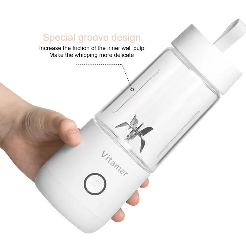 White portable USB blender bottle with silicone ring, 350ml capacity, and stainless steel blade on base.