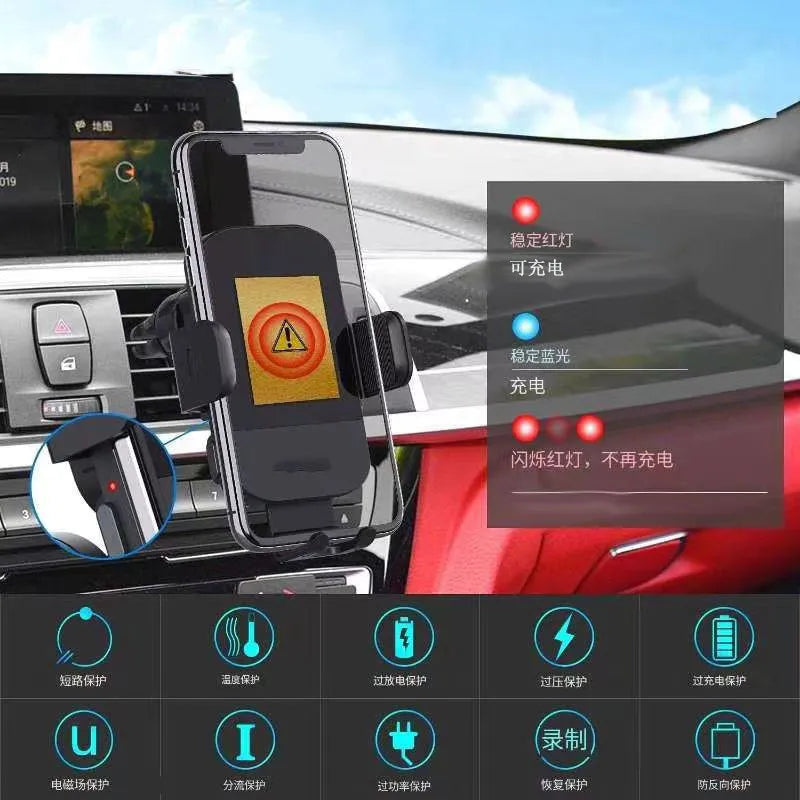 Black 15W fast wireless car charging stand showing air vent clip and dashboard mount options