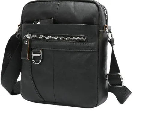 Black genuine leather messenger bag for boys with crossbody strap and sewing line detailing