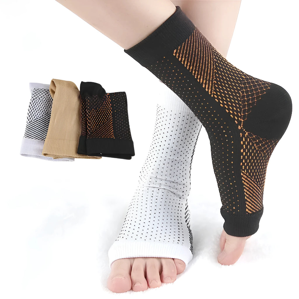 Korean-style short tube compression sports socks in black, white, copper, and skin colour.