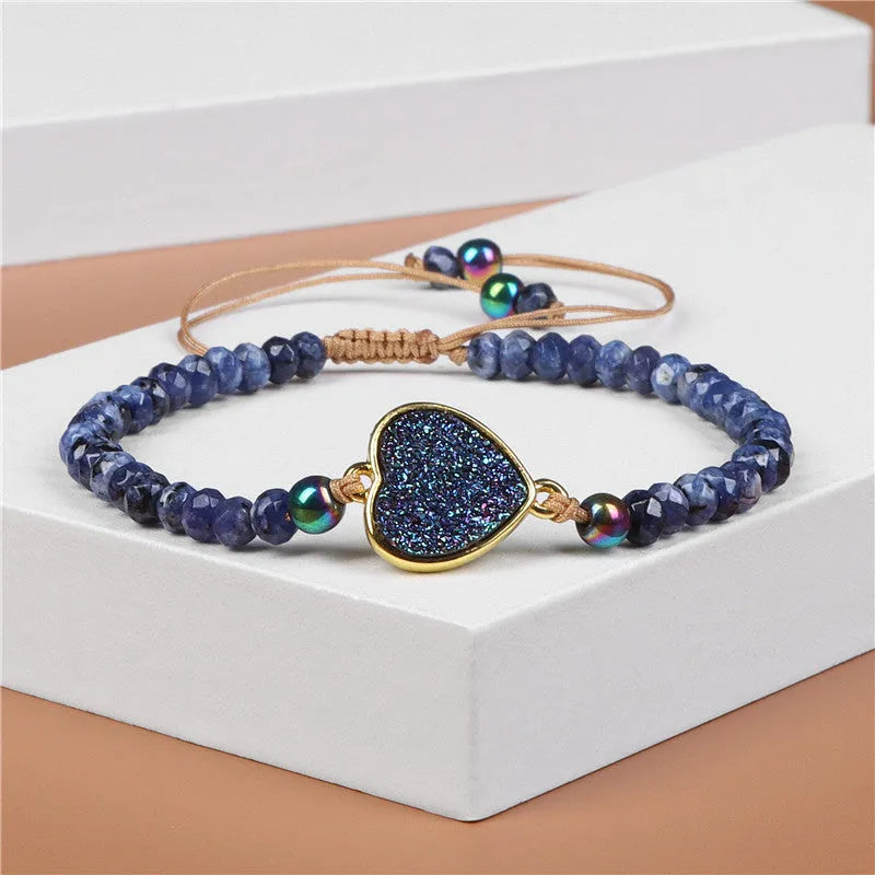 Natural stone woven bracelet with mixed shape agate beads and adjustable rope in dark grey, blue, amethyst, and white options