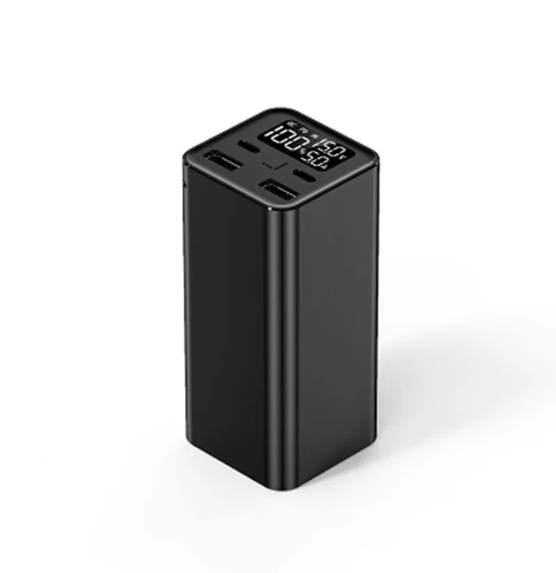 Black aluminium alloy 65W power bank with 20000mAh capacity for laptop charging, shown next to a charging cable.