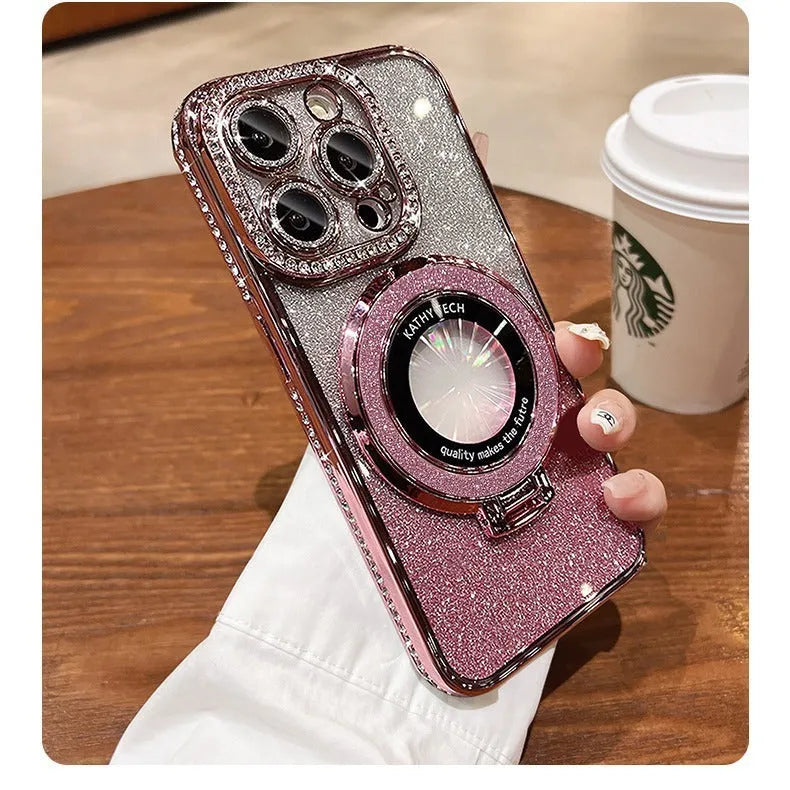 Silicone gradient colour magnetic suction phone case with electroplated edge drill design and kickstand bracket for iPhone