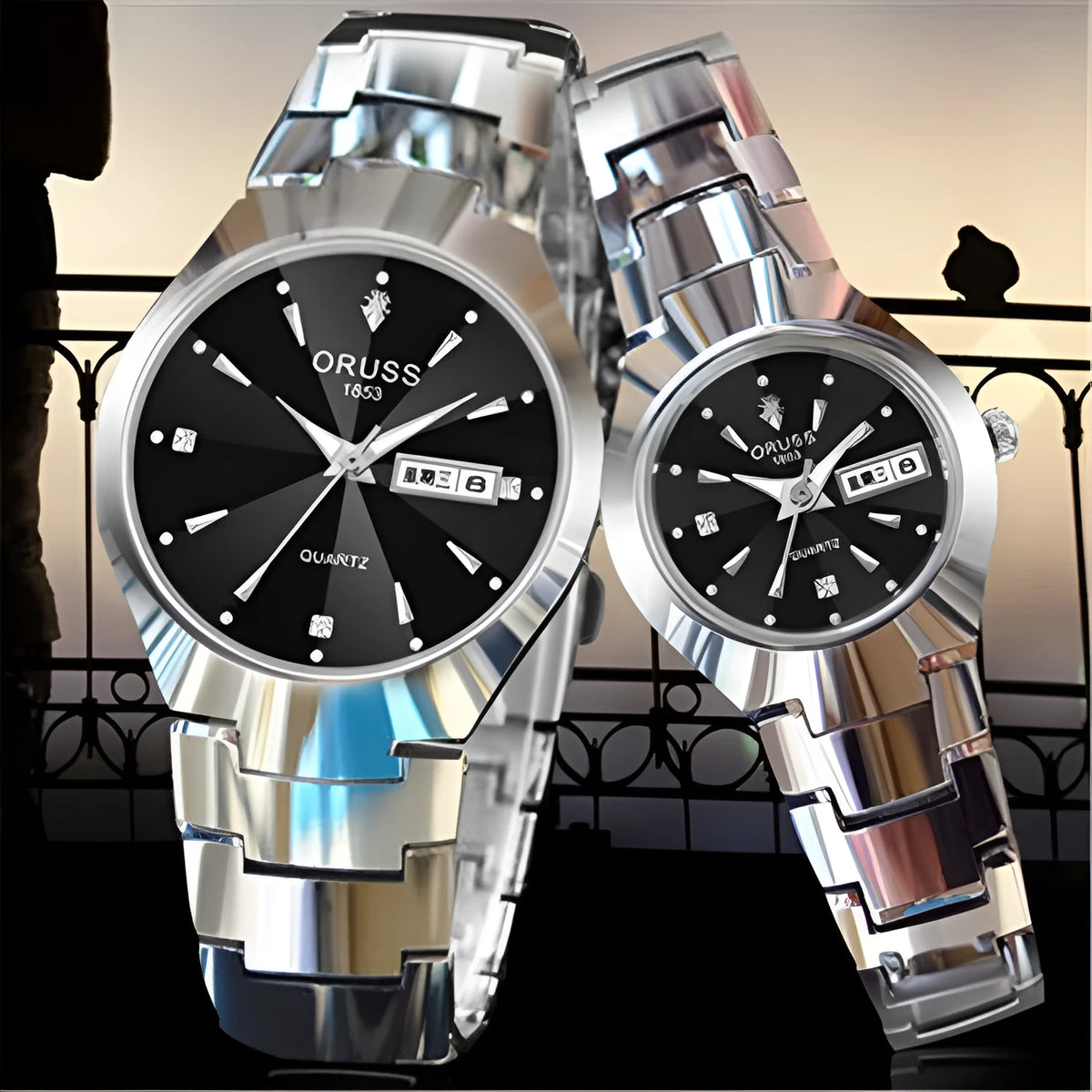 Couple's quartz watch with 8mm case, alloy strap, and 30M waterproof rating in radar black and rose gold