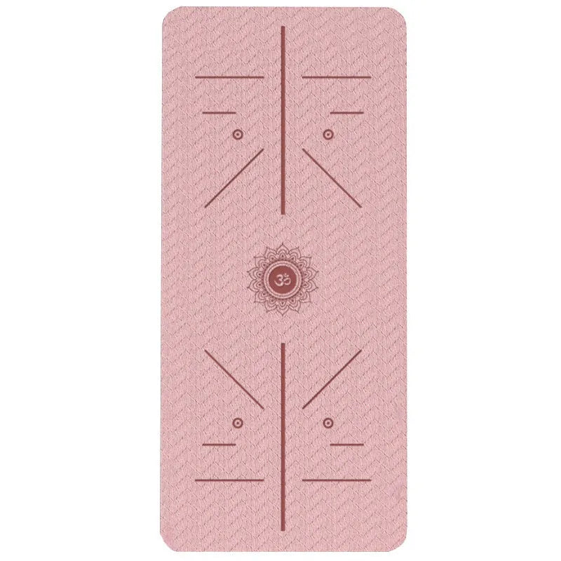Monet pink TPE fitness mat with printed guide lines, shown rolled and unrolled on a floor.