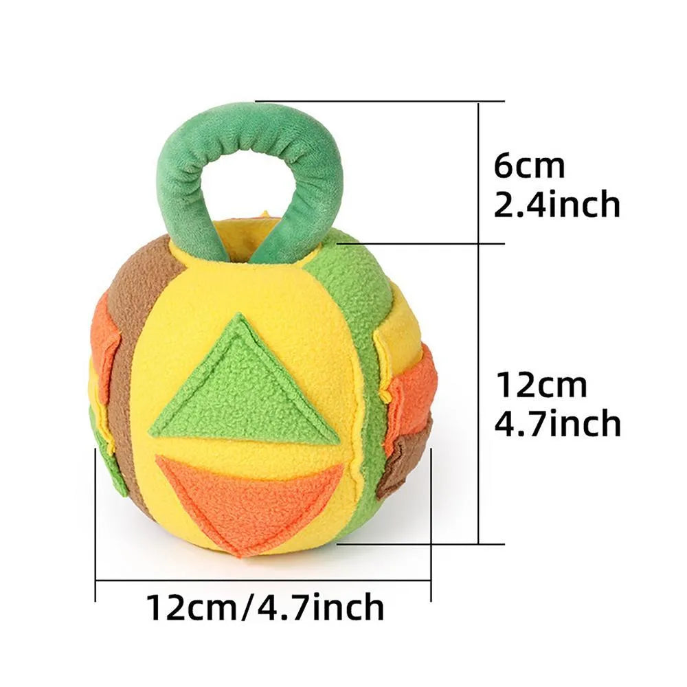 Green plush squeaky ball dog toy with treat pockets for interactive play with small to medium dogs
