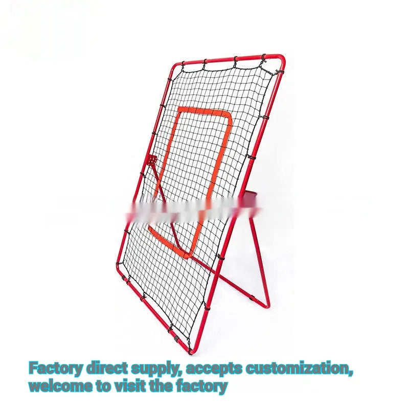Red adjustable baseball training net with metal frame measuring 95cm wide