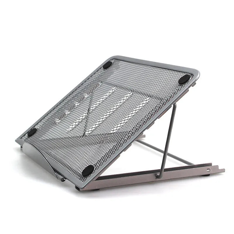 Adjustable steel laptop stand base in black, shown folded and unfolded with a tablet.