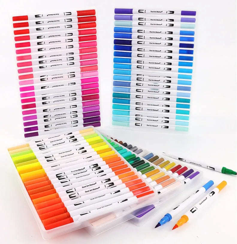 Set of 48 watercolour pens with plastic casings arranged in a case, showcasing a variety of colours for art projects.