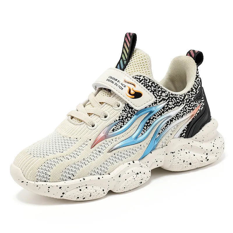 Boys fashion sneakers with mesh textile upper and rubber sole in beige, black gold, or black red