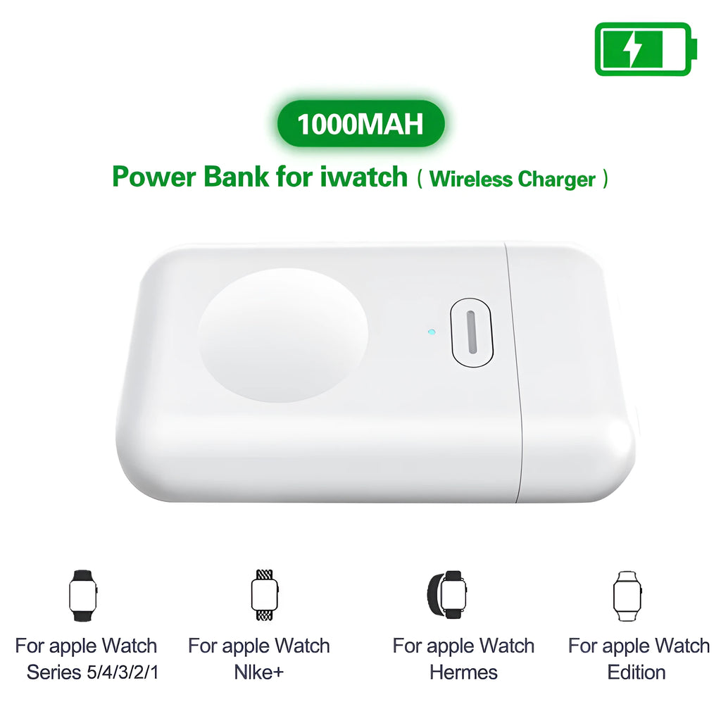 White Apple Watch portable magnetic wireless charger with 1000mAh capacity and micro USB port