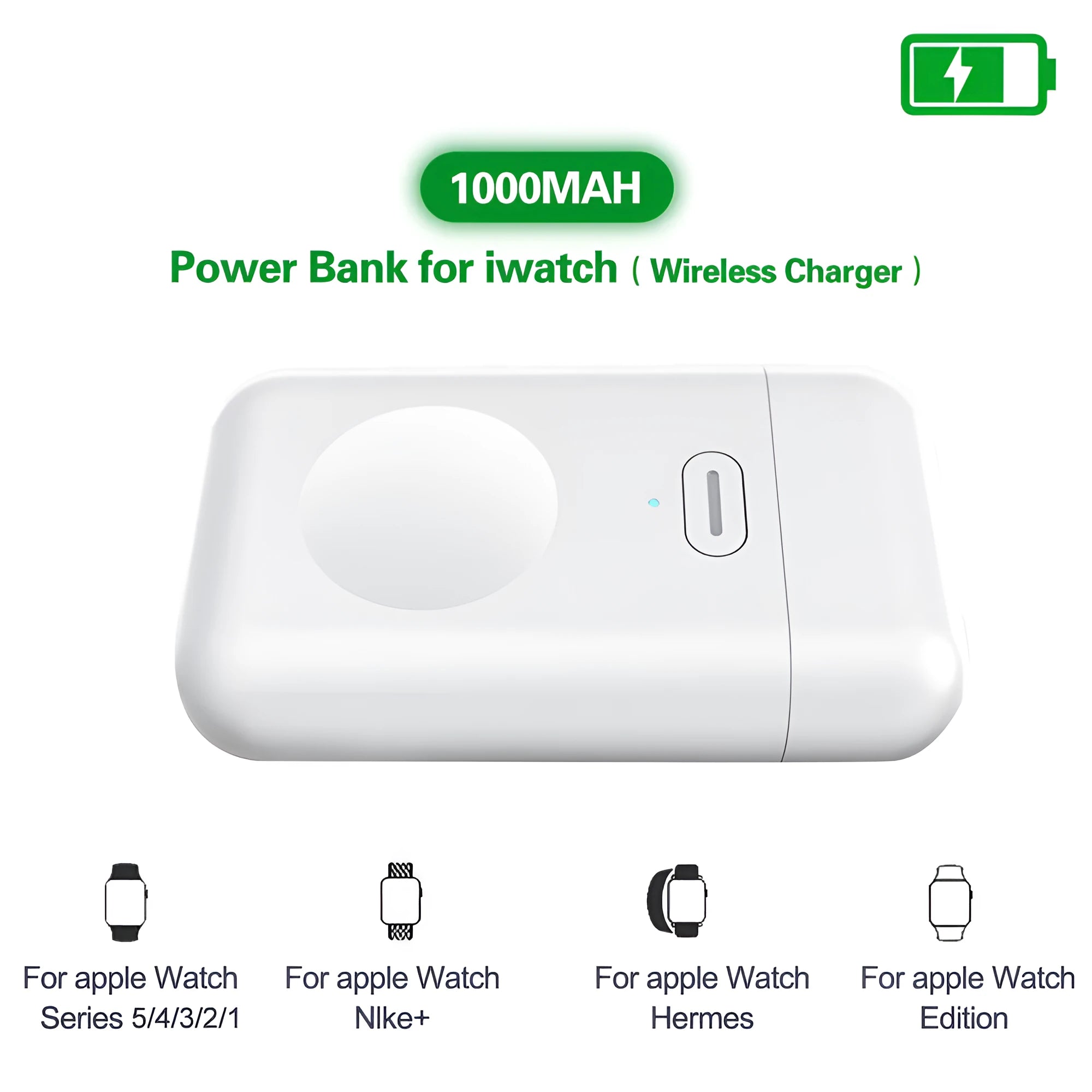 White Apple Watch portable magnetic wireless charger with 1000mAh capacity and micro USB port