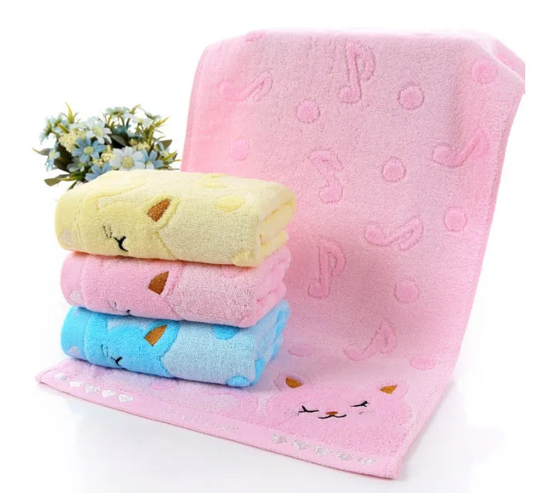 Bamboo fiber kitten face bath towels set of four colours blue green pink yellow 25x50cm