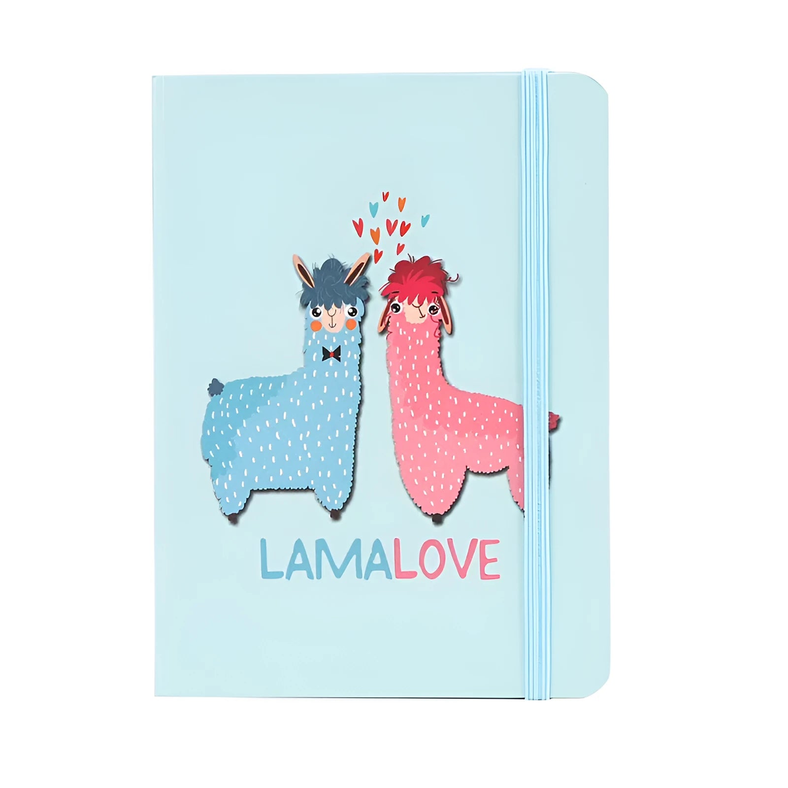 Cartoon alpaca design notepad showing cover, available in A5, A6, and A7 sizes with yellow paper pages.