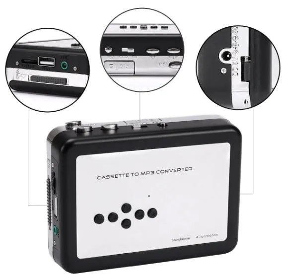 Limited Edition white USB Cassette to MP3 Converter with earphone and USB cable on tabletop
