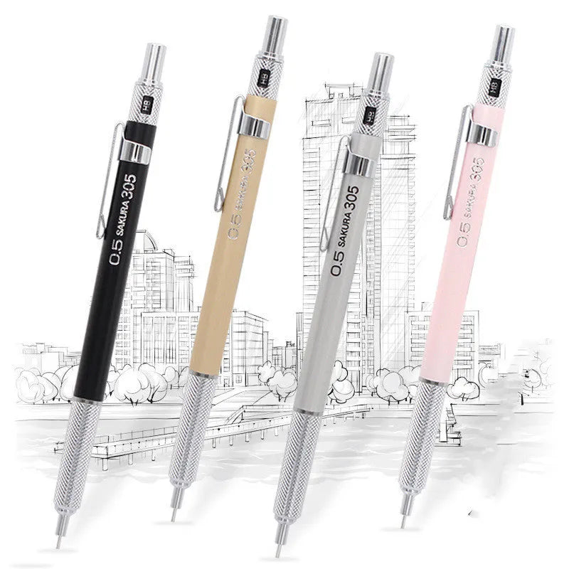 Japanese cherry metal mechanical pencil in gold, silver, black, or pink colour options.