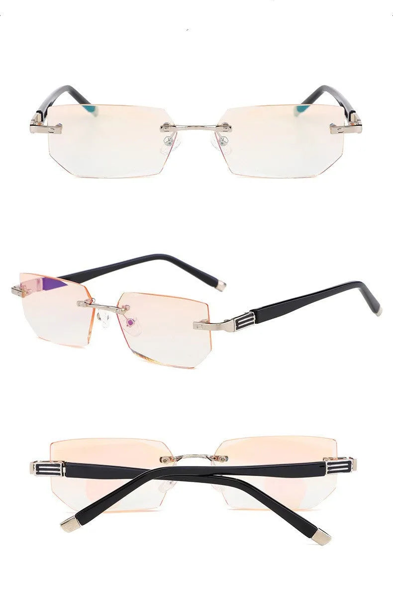 Diamond-cut metal reading glasses with tan frame and black lenses on a plain background