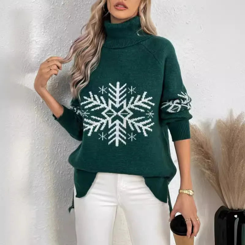 Women's high collar jacquard knit pullover sweater with plants and flowers pattern, medium length 65cm
