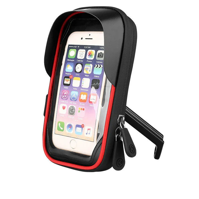 Black mobile phone mount attached to bicycle handlebar with waterproof zipper closure visible