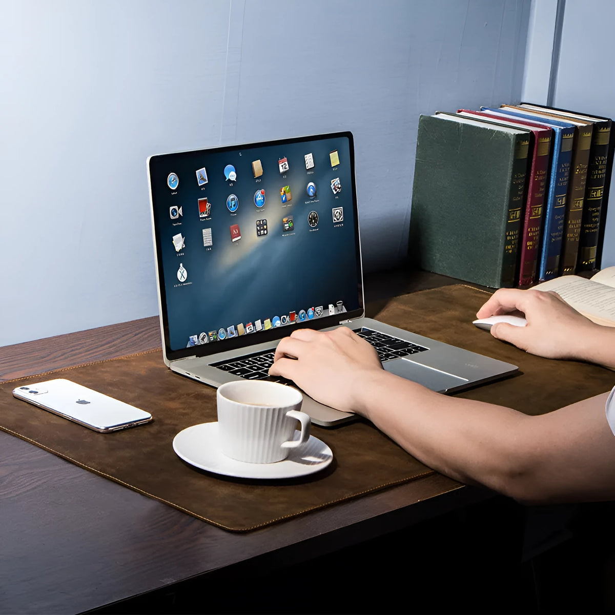 Extra large non-slip coffee mad horse skin leather desk pad, 90cm x 45cm, on a computer desk with keyboard and mouse.