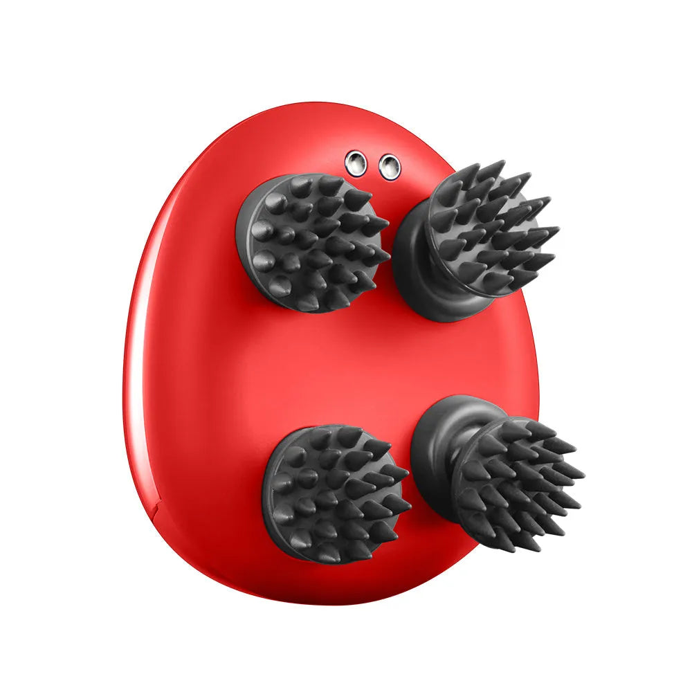 Red electric scalp massager with kneading heads showing compact 110mm x 120mm x 82mm dimensions