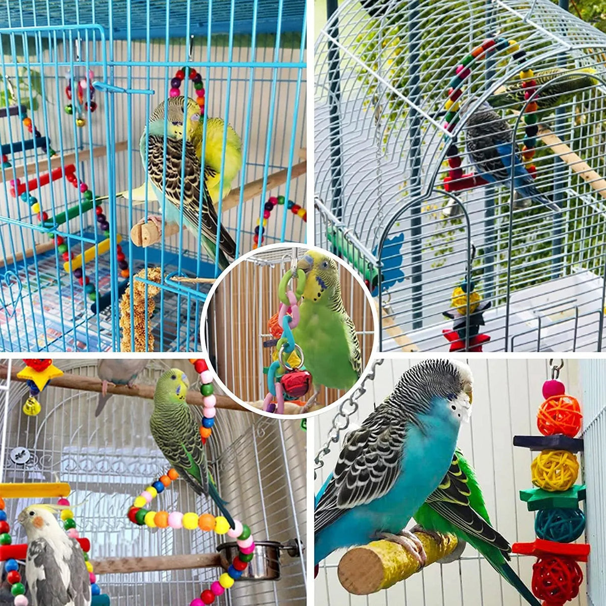 Seven-piece wooden parrot toy set for bird cage accessories, supplied as one pack for parrots and birds