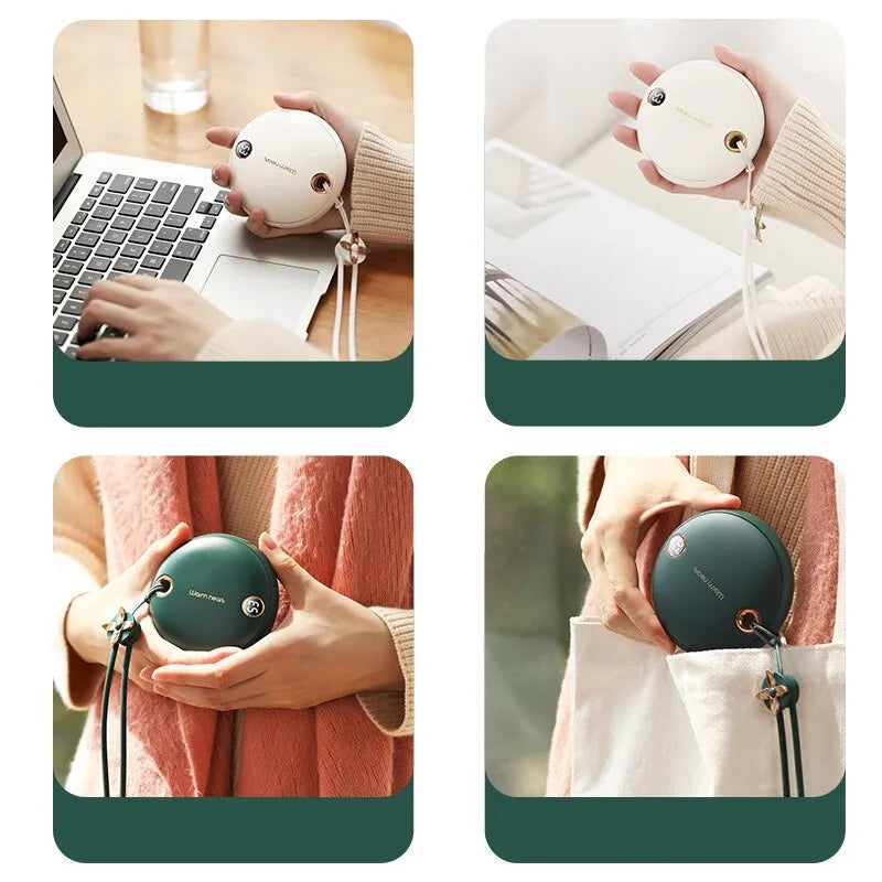 Green, pink, or white square 5000mAh hand warmer power bank with digital display next to charging cable.