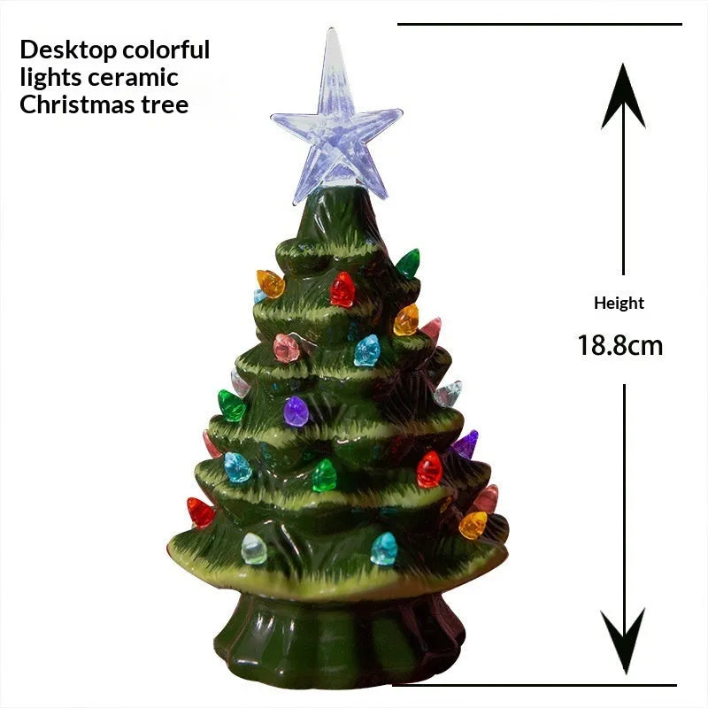 Modern simple white pottery LED Christmas tree ornament with green or white finish on a tabletop