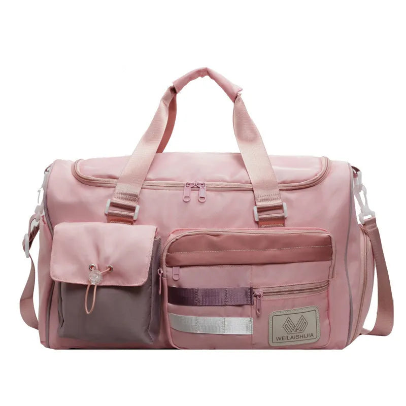 Fashion colour contrast multi-pocket cloth travel bag with blue and white accents on a plain background