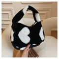 Japanese Ins plush bag with velvet outer, contrast colour love heart design, sandwich zipper bag, shown in green pink black beige