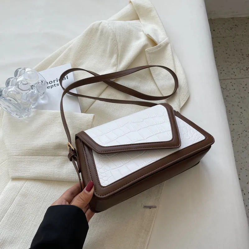 Stone pattern PU leather square shoulder bag in beige, shown with one-shoulder strap.