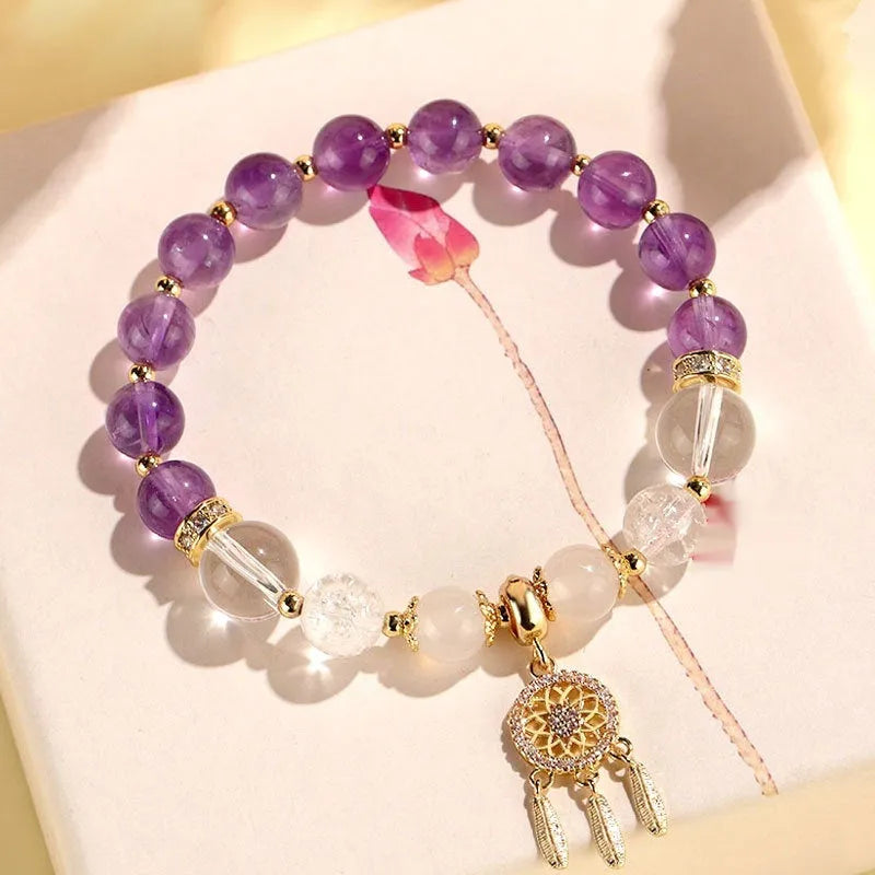 Chinese style white crystal tassel bracelet for women with electroplated finish and gemstone beads