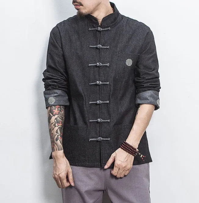 Retro Chinese style hanfu denim jacket top with stand collar and buckle decoration in black, loose fit, long sleeves