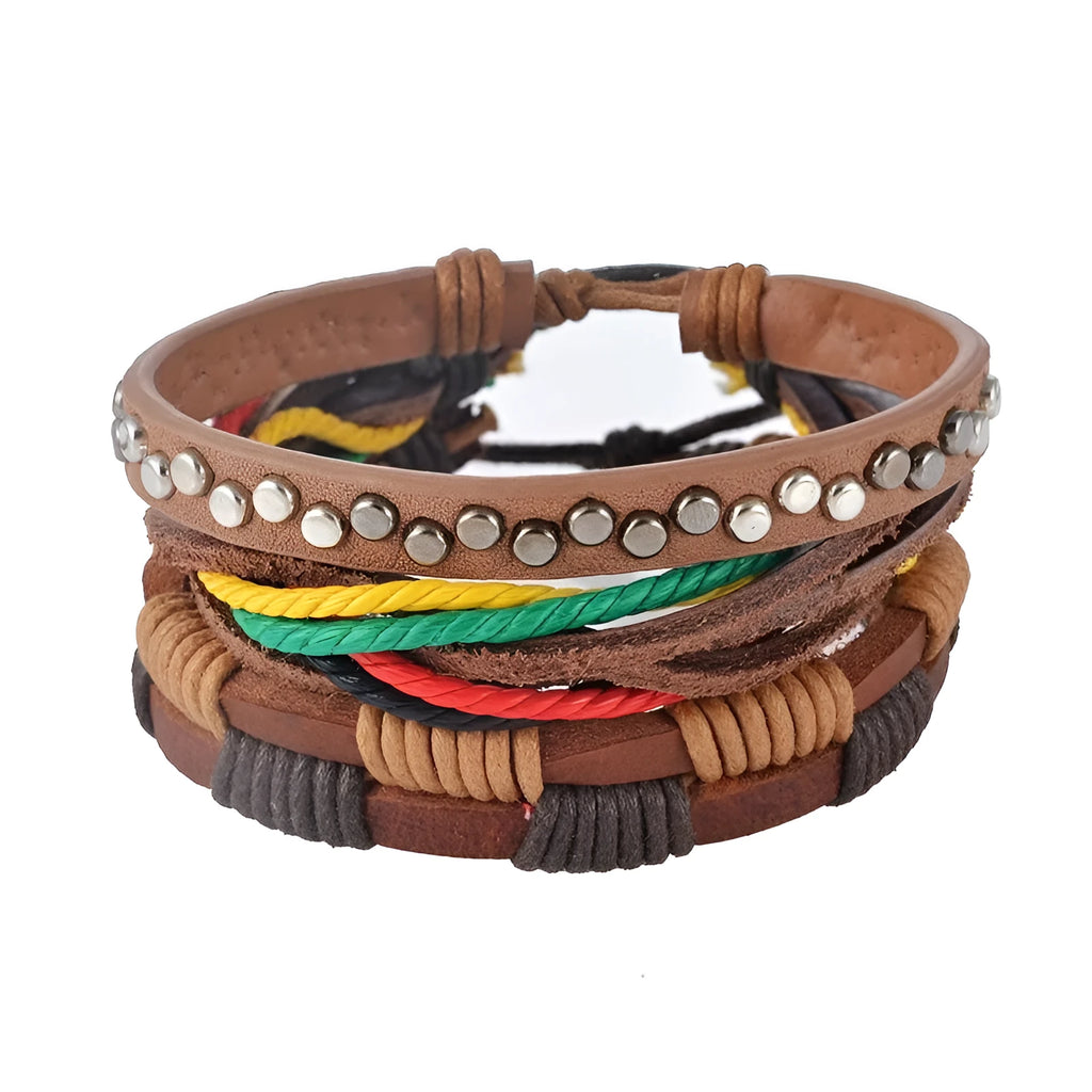 Adjustable leather wrap bracelet with wooden beads and multilayered rope design