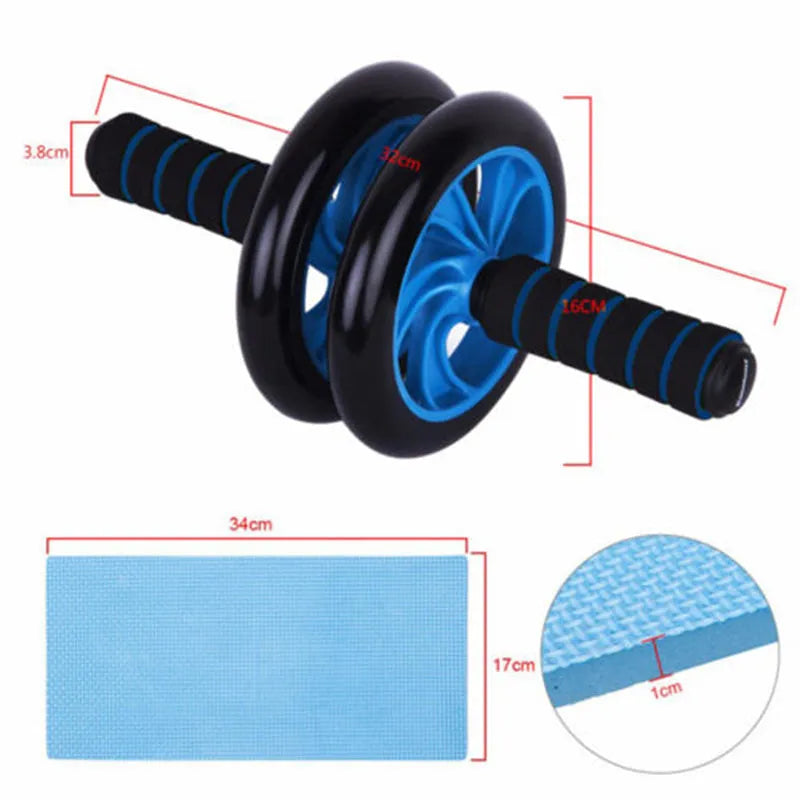 Dark blue double-wheel abdominal roller with push-up support and palm guard, ABS plastic, 16.5cm and 14.5cm roller diameters.