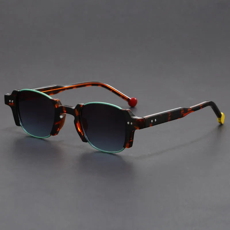 Retro square frame sunglasses in various colours including dark green and hawksbill blue.