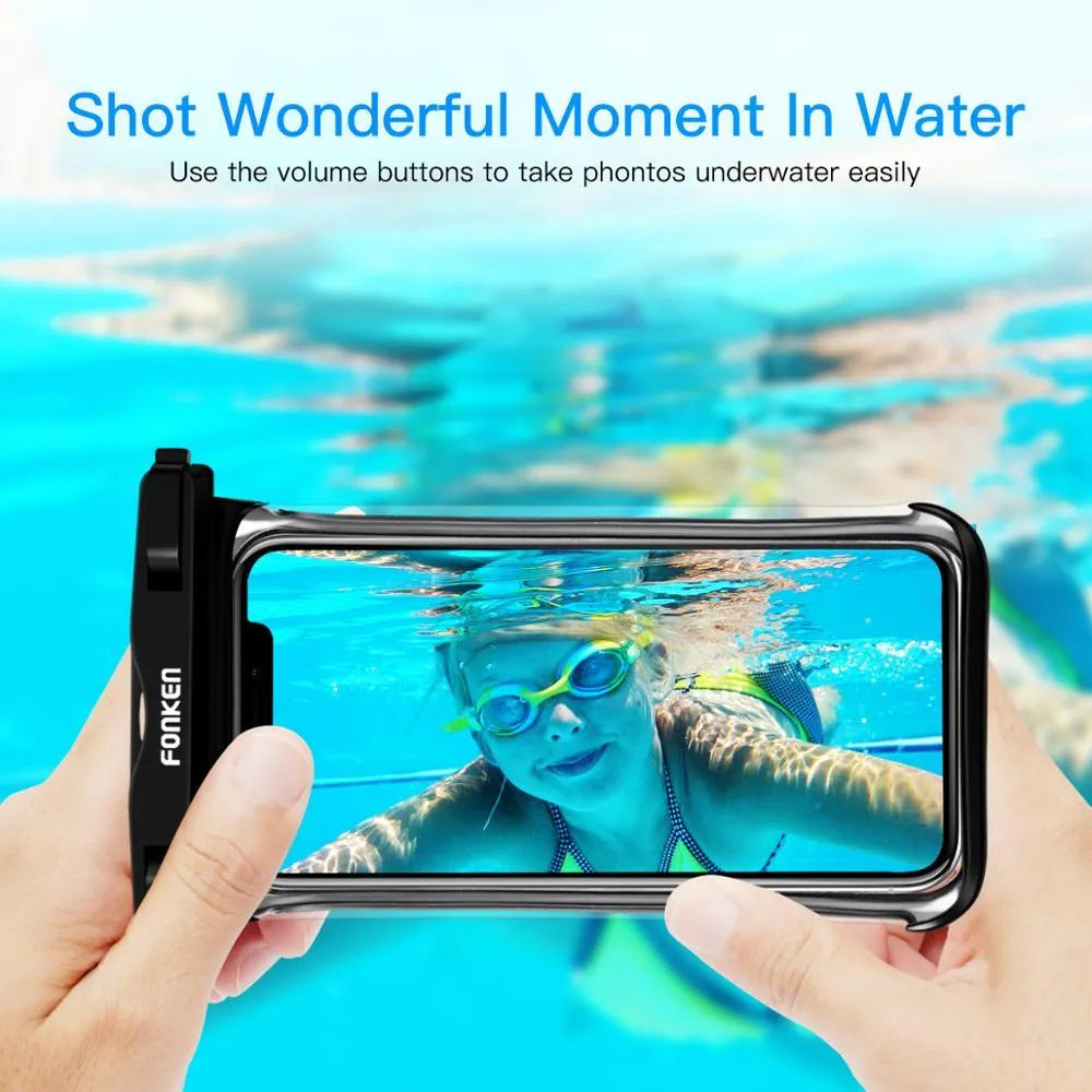 Transparent waterproof phone pouch with double ring seal for diving and swimming, holding a smartphone with clear screen visibility