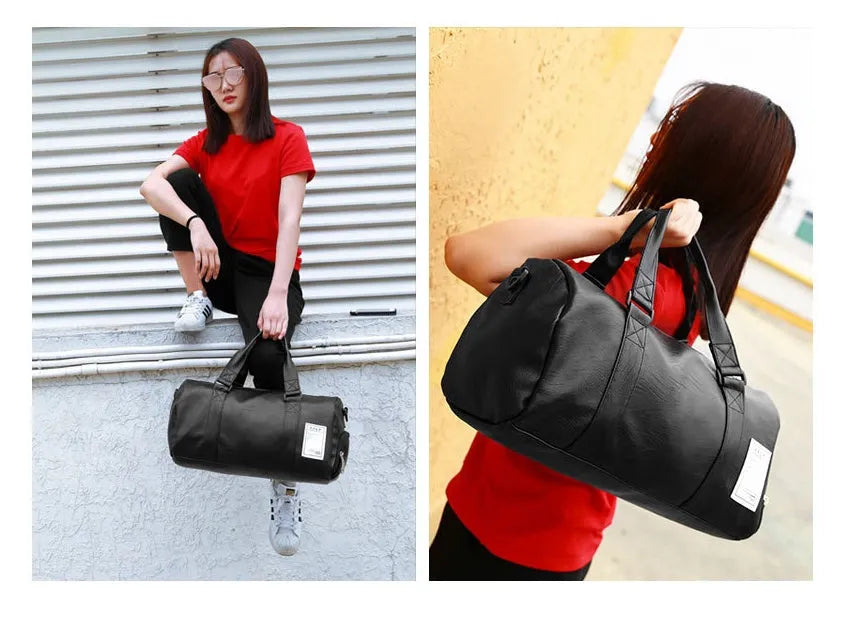 Black waterproof sports fitness bag with separate side compartments for shoes, shown in large and small sizes.