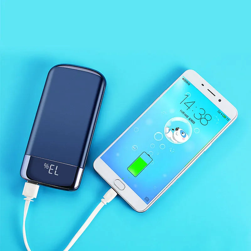 Y10 black portable power bank with LCD screen showing battery percentage and two USB ports.