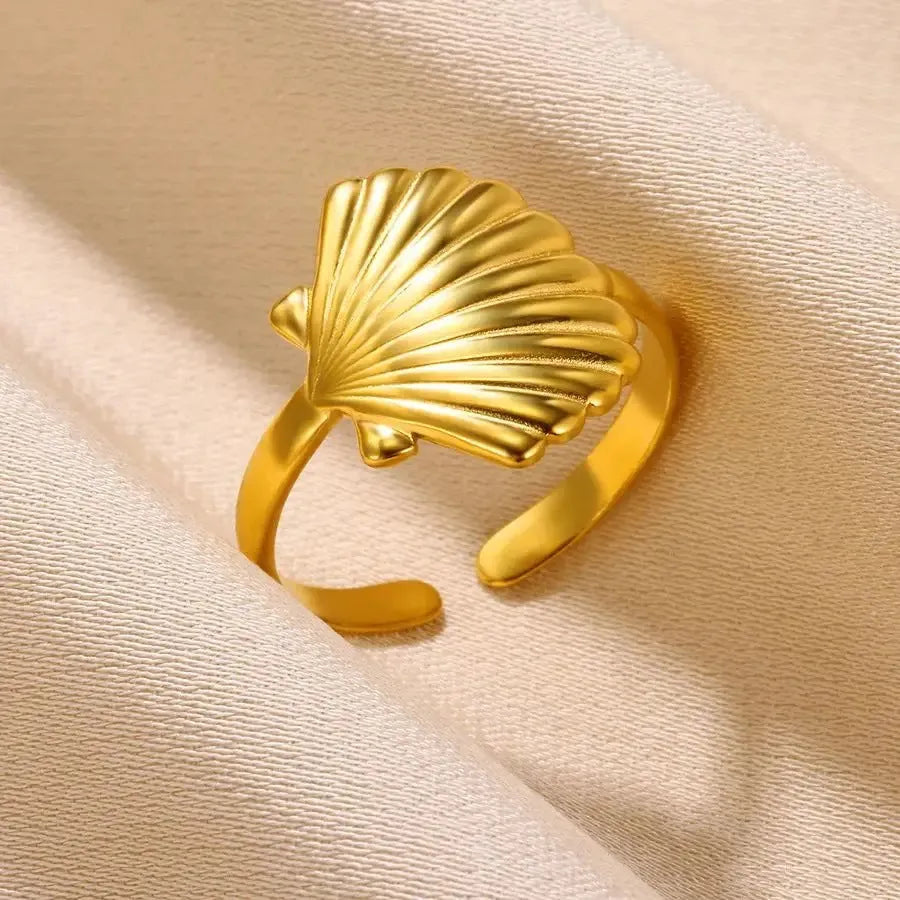 Gold plated stainless steel open ring with starfish and shell design for women's vacation jewellery