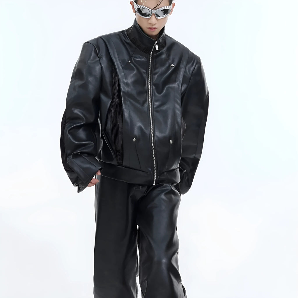 Men's PU leather motorcycle coat heavy stitching lapel collar single-breasted solid colour