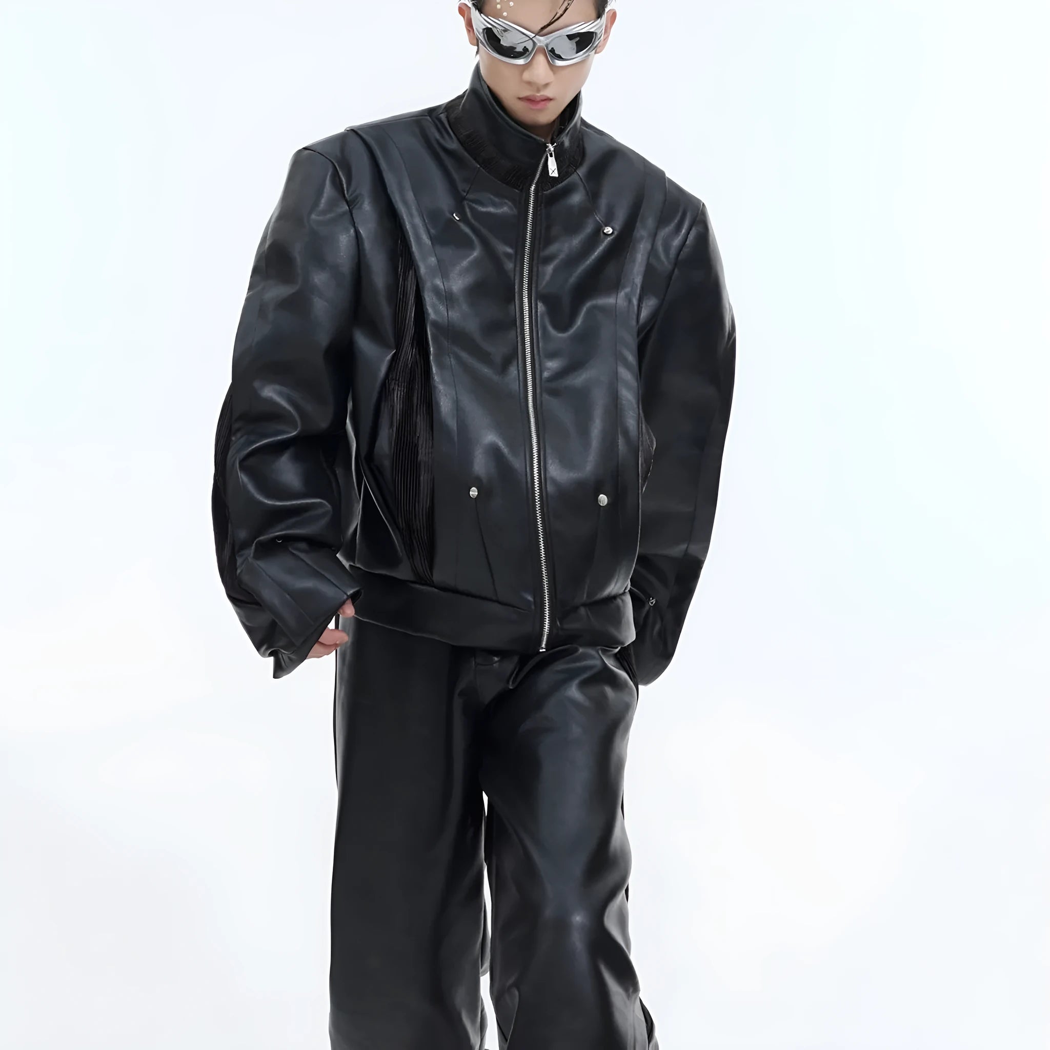 Men's PU leather motorcycle coat heavy stitching lapel collar single-breasted solid colour