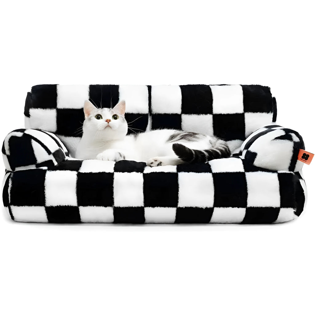 Plush sofa-shaped pet bed for cats and small dogs with removable cover and anti-slip bottom