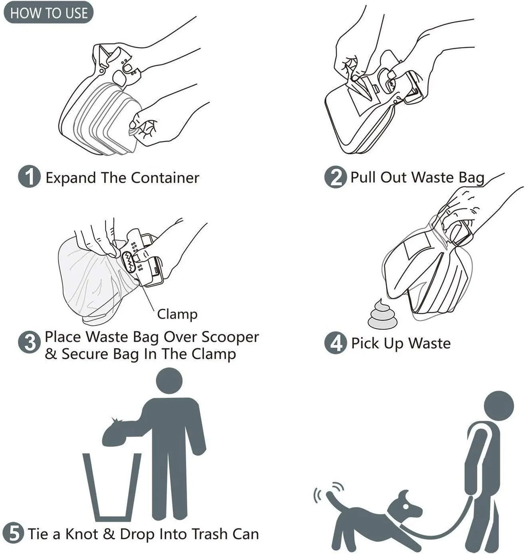 Blue handheld dog pooper scooper with foldable waste container and attached carabiner clip.