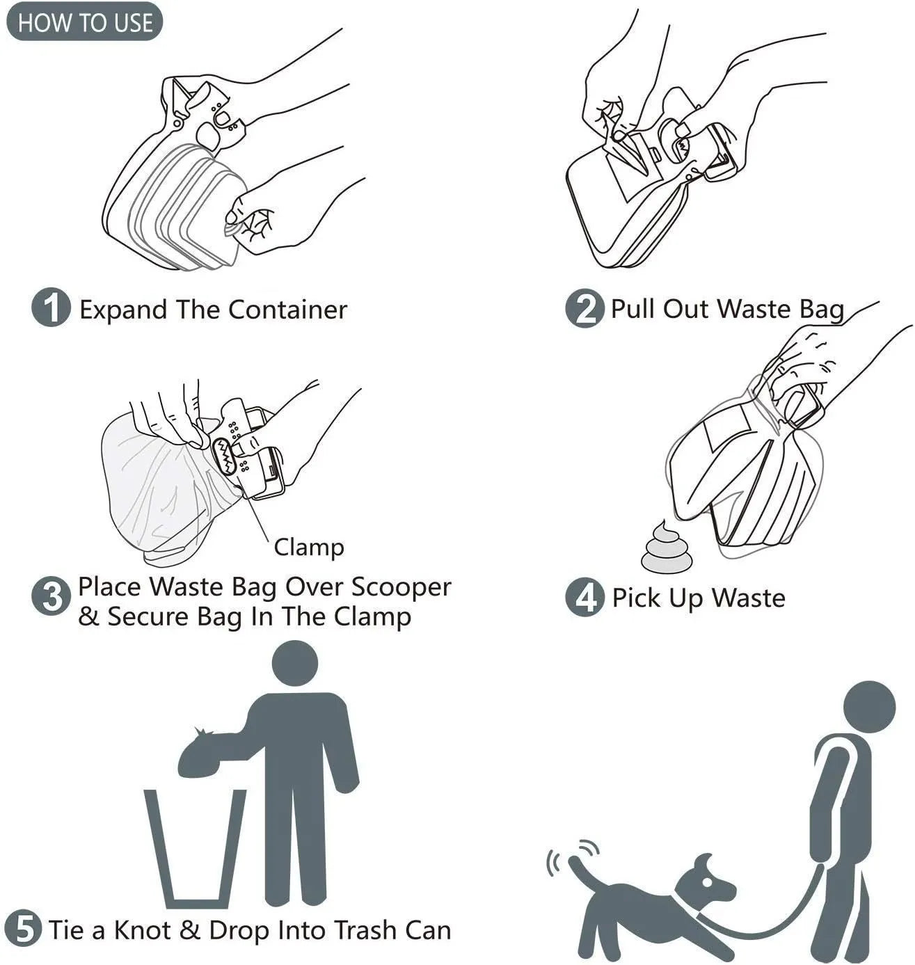 Blue handheld dog pooper scooper with foldable waste container and attached carabiner clip.