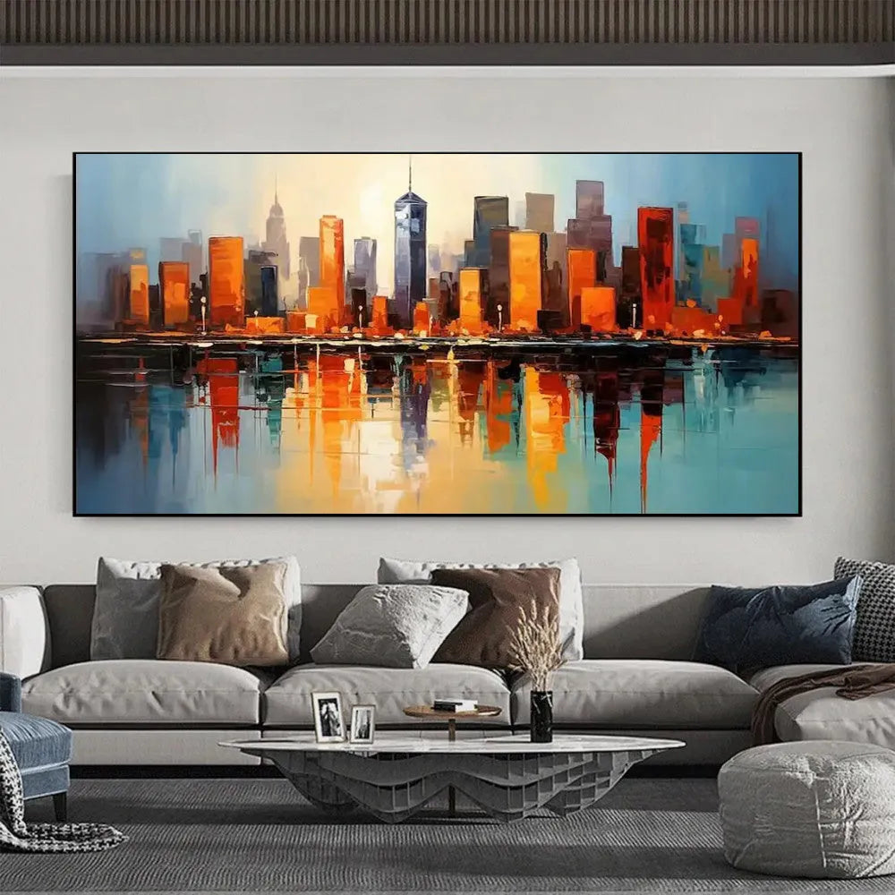 Handmade oil painting on canvas, modern abstract urban architectural street scene, frameless rolled horizontal artwork for wall decor